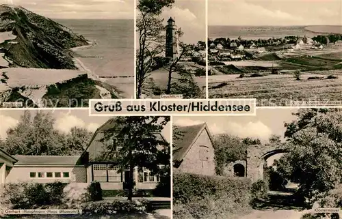 AK / Ansichtskarte Kloster Hiddensee Fliegeraufnahme Steilkueste Leuchtturm Gerhart Hauptmann Haus Museum Klostermauer Kat. Insel Hiddensee