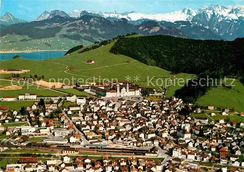 AK / Ansichtskarte Einsiedeln SZ Kloster Sihlsee und Glarner Alpen Fliegeraufnahme Kat. Einsiedeln