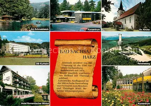 AK / Ansichtskarte Bad Sachsa Harz Schmelzteich DB Kurheim Hotel Kurzentrum Kirche Ravensberg Geschichte Kat. Bad Sachsa