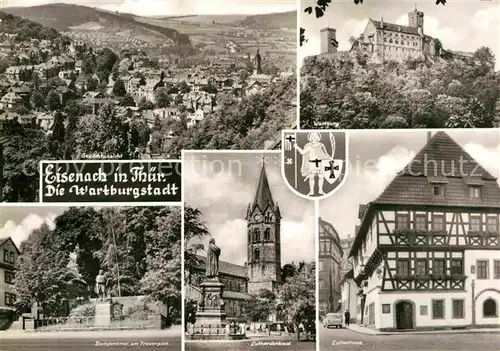 AK / Ansichtskarte Eisenach Thueringen Gesamtansicht Wartburg Lutherhaus Denkmal Bach Denkmal Wappen Kat. Eisenach
