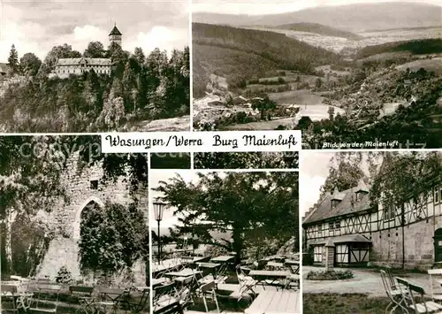 AK / Ansichtskarte Wasungen Burg Maienluft Gaststaette Terrasse Landschaftspanorama Kat. Wasungen