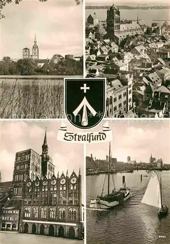 AK / Ansichtskarte Stralsund Mecklenburg Vorpommern Teilansichten Kirche Rathaus Hafen Frachter Segelboot Kat. Stralsund