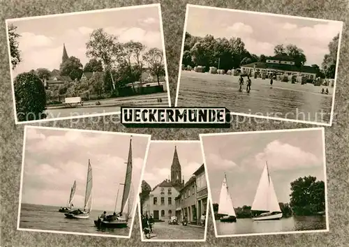 AK / Ansichtskarte Ueckermuende Mecklenburg Vorpommern Park Gaststaette Restaurant Kirche Badestrand Segeln Kat. Ueckermuende