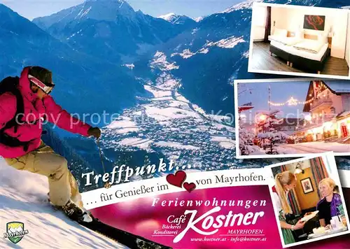 AK / Ansichtskarte Mayrhofen Zillertal panorama Wintersportplatz Alpen Skifahrer Cafe Kostner Ferienwohnungen Kat. Mayrhofen