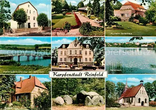 AK / Ansichtskarte Reinfeld Holstein Kurheim Liegehalle Gartenhaus Promenadenbruecke Herrenteich Pastorat Huenengrab Kirche Kat. Reinfeld (Holstein)