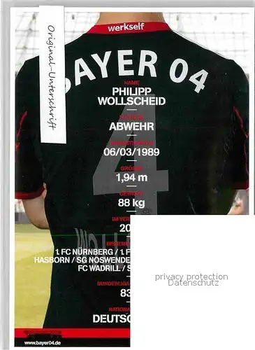 AK / Ansichtskarte Fussball Bayer 04 Leverkusen Philipp Wollscheid Autogramm  Kat. Sport