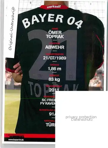 AK / Ansichtskarte Fussball Bayer 04 Leverkusen oemer Toprak Autogramm  Kat. Sport