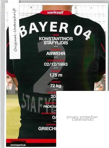 AK / Ansichtskarte Fussball Bayer 04 Leverkusen Konstantinos Stafylidis Autogramm  Kat. Sport