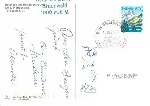 AK / Ansichtskarte Braunwald GL Fliegeraufnahme Berghaus Restaurant Gumen Kat. Braunwald