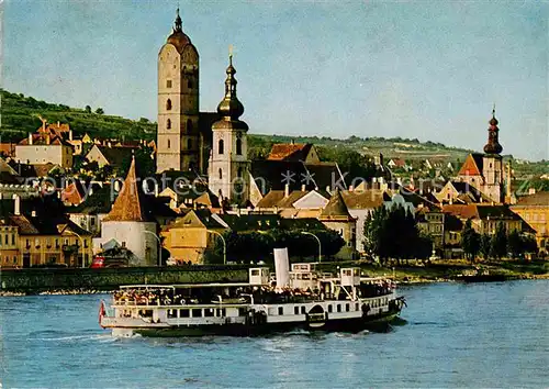 AK / Ansichtskarte Stein Donau Teilansicht Kirche Fahrgastschiff Kat. Krems an der Donau