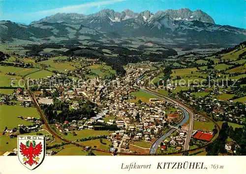 AK / Ansichtskarte Kitzbuehel Tirol Sommerfrische Wintersportplatz mit Schwarzsee und Kaisergebirge Fliegeraufnahme Kat. Kitzbuehel