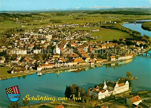 AK / Ansichtskarte Schaerding Inn Kneipp Kurstadt Kloster Neuhaus Fernblick zum Hoellengebirge Fliegeraufnahme