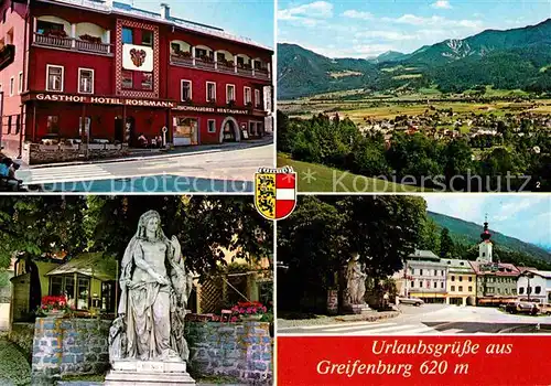 AK / Ansichtskarte Greifenburg Gasthof Hotel Rossmann Statue Ortspartie mit Kirche Drautal Kat. Greifenburg