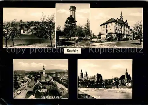 AK / Ansichtskarte Rochlitz Sachsen Schlossblick Aussichtsturm Landwirtschaftsschule Stadtblick Mulde mit Schloss Kat. Rochlitz
