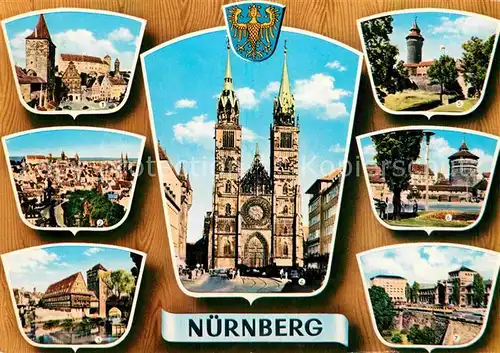 AK / Ansichtskarte Nuernberg Tiergaertner Tor und Burg Weinstadel Henkersteg St Lorenz Kirche Sinwellturm Koenigstorturm Hauptbahnhof Kat. Nuernberg