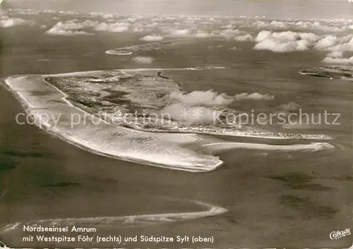 AK / Ansichtskarte Amrum Nordseeinsel mit Westspitze Foehr und Suedspitze Sylt Fliegeraufnahme Kat. Nebel