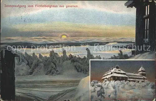 AK / Ansichtskarte Oberwiesenthal Erzgebirge Sonnenaufgang vom Fichtelberghaus aus gesehen Winterpanorama Kat. Oberwiesenthal