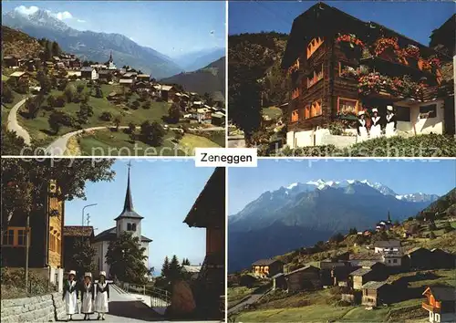 AK / Ansichtskarte Zeneggen Gesamtansicht mit Alpenpanorama Dorfpartie Kirche Trachten Kat. Zeneggen