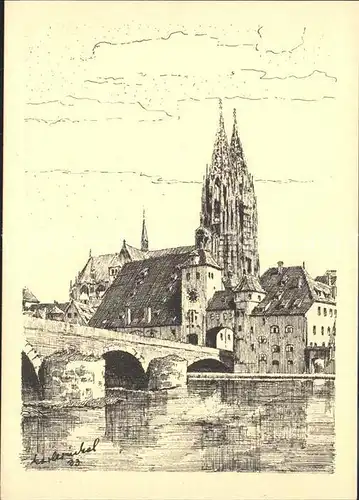 AK / Ansichtskarte Regensburg Blick von der Donau Zeichnung Karl Winkel Die Bayrische Heimat Kuenstlerkarte Kat. Regensburg