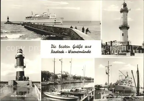 AK / Ansichtskarte Rostock Warnemuende Mole Faehrschiff Leuchtturm Molenkopf Alter Strom Warnowwerft Kat. Rostock