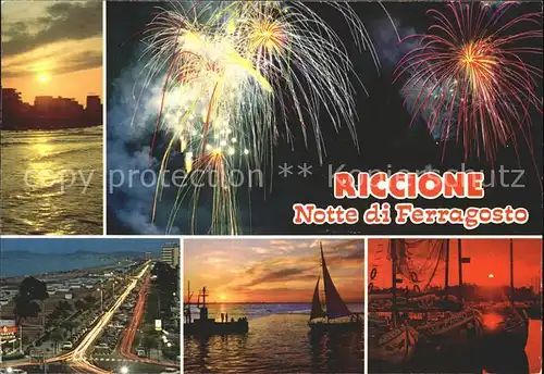 AK / Ansichtskarte Riccione Notte di Ferragosto Feuerwerk Nachtaufnahme Sonnenuntergang am Meer