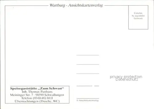 AK / Ansichtskarte Schwallungen Speisegaststaette Zum Schwan Fachwerkhaus Wartburg Ansichtskartenverlag Kat. Schwallungen