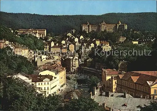 AK / Ansichtskarte Karlovy Vary Pohled na ricku Teplou a Vridlo Tepla Fluss mit Sprudel Hotel Imperial Kat. Karlovy Vary Karlsbad