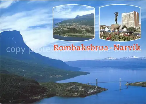 AK / Ansichtskarte Narvik Rombaksbrua Haengebruecke Fliegeraufnahme Brunnen Statue Kat. Narvik