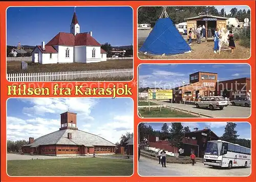 AK / Ansichtskarte Karasjok Kirche Camping Souvenirs Gaststaette Bus