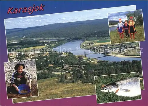 AK / Ansichtskarte Karasjok Panorama Kinder Trachten Fisch