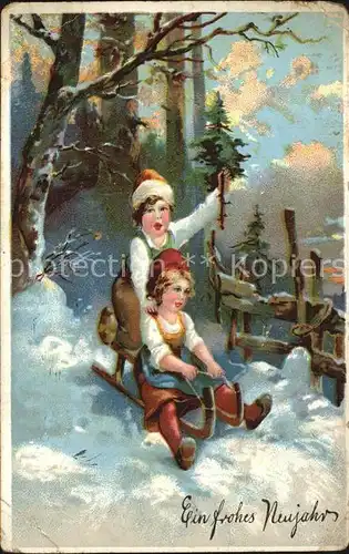 AK / Ansichtskarte Schlitten Schnee Kinder Neujahr Litho Kat. Sport