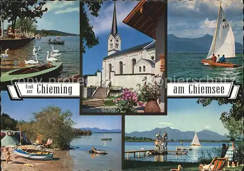 AK / Ansichtskarte Chieming Chiemsee Ortskirche Segelsport Campingplatz Strandbad Kat. Chieming