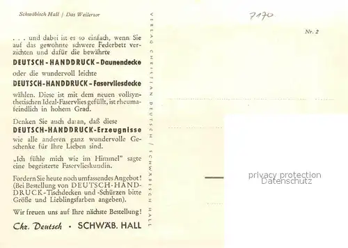AK / Ansichtskarte Schwaebisch Hall Weilertor Kuenstlerkarte Werbung Deutsch Handdruck Kat. Schwaebisch Hall