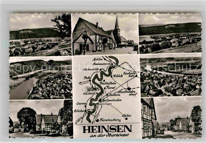 AK / Ansichtskarte Heinsen Weser Landkarte Kirche Luftaufnahme Fachwerk