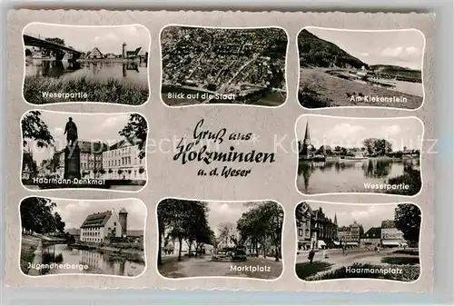 AK / Ansichtskarte Holzminden Weser Kiekenstein Haarmannplatz Marktplatz Denkmal Jugendherberge Luftaufnahme Kat. Holzminden