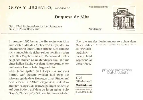 AK / Ansichtskarte Kuenstlerkarte Francisco de Goya y Lucientes Duquesa de Alba 1795 Kat. Kuenstlerkarte