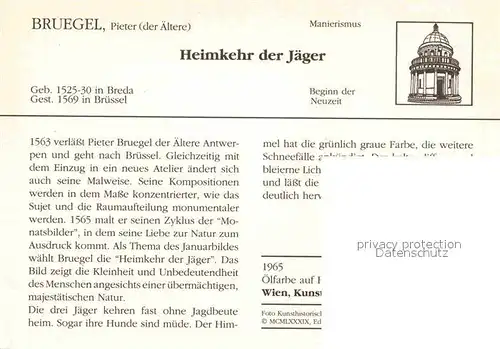 AK / Ansichtskarte Kuenstlerkarte Pieter Bruegel der aeltere Heimkehr der Jaeger 1965 Manierismus  Kat. Kuenstlerkarte