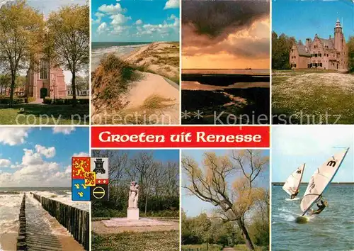 AK / Ansichtskarte Renesse Kirche Strand Duenen Abendstimmung am Meer Schloss Denkmal Windsurfen Kat. Renesse