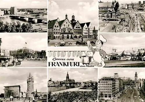 AK / Ansichtskarte Frankfurt Main Bruecke Roemer Giegelhaeuser Innenstadt Flughafen Turm Dom Frankfurter Wuerstchen Kat. Frankfurt am Main