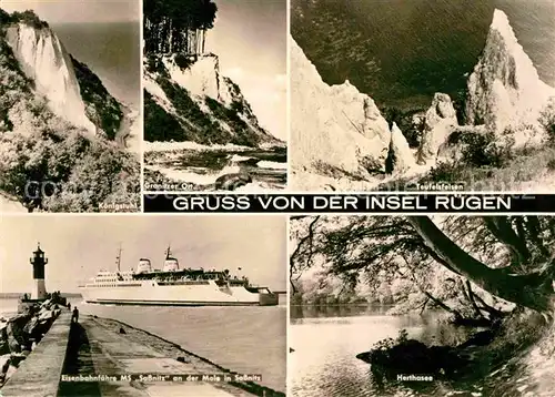 AK / Ansichtskarte Insel Ruegen Koenigstuhl Granitz Teufelsfelsen Harthasee Eisenbahnfaehre Mole Sassnitz Kat. Bergen