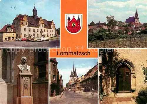 AK / Ansichtskarte Lommatzsch 700 Jahre Jubilaeum Markt Robert Volkmann Denkmal Bueste Kirche Doebelner Strasse Sitzportal Kat. Lommatzsch