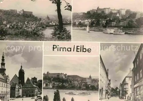 AK / Ansichtskarte Pirna Panorama Schloss Elbe Dampfer Marktplatz Kirche Handabzug Kat. Pirna
