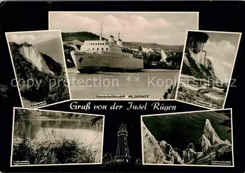 AK / Ansichtskarte Insel Ruegen Koenigstuhl Kreidefelsen Eisenbahnfaehrschiff MS Sassnitz Granitzer Ort Herthasee Leuchtturm Kat. Bergen