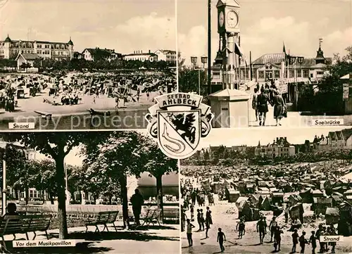 AK / Ansichtskarte Ahlbeck Ostseebad Strand Seebruecke Standuhr Musikpavillon Kat. Heringsdorf Insel Usedom