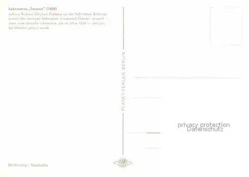 AK / Ansichtskarte Lokomotive Saxonia 1839 Zeichnung Swoboda Kat. Eisenbahn