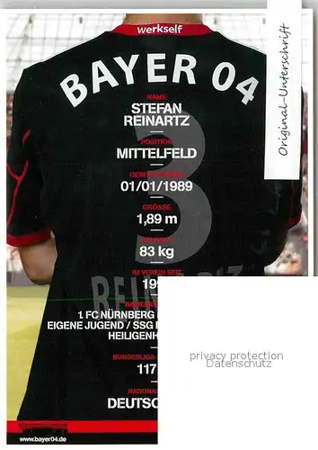 AK / Ansichtskarte Fussball Bayer 04 Leverkusen Stefan Reinartz Autogramm  Kat. Sport