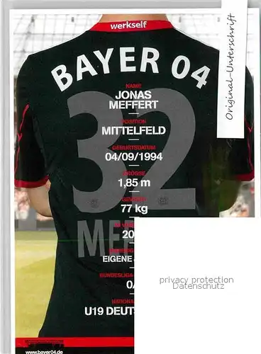 AK / Ansichtskarte Fussball Bayer 04 Leverkusen Jonas Meffert Autogramm  Kat. Sport