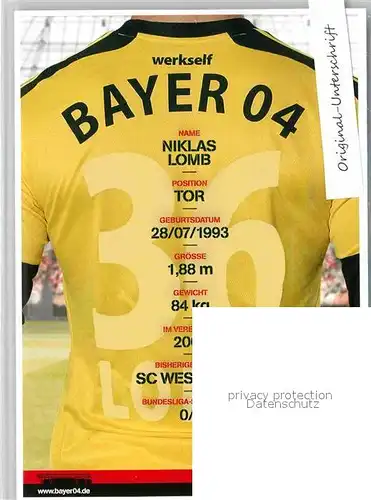 AK / Ansichtskarte Fussball Bayer 04 Leverkusen Niklas Lomb Torwart Autogramm  Kat. Sport