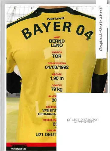 AK / Ansichtskarte Fussball Bayer 04 Leverkusen Bernd Leno Torwart Autogramm  Kat. Sport