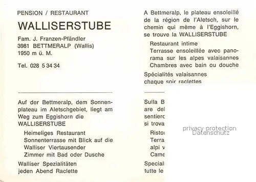 AK / Ansichtskarte Bettmeralp VS Pension Restaurant Walliserstube Kat. Bettmeralp